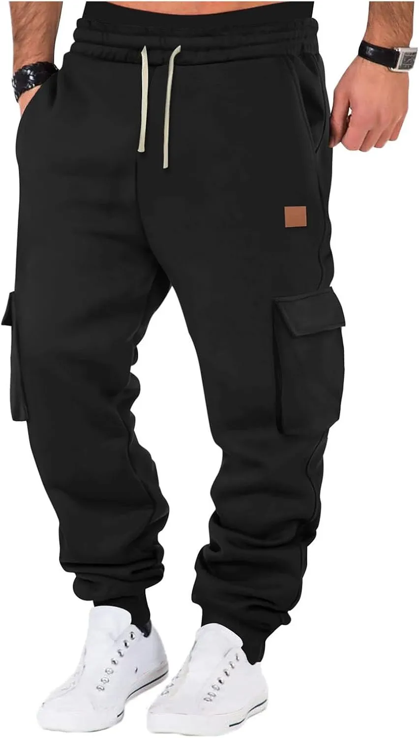 Men's Heavyweight Fleece Cargo Sweatpants Jogger Sweat Pants Elastic Waist Drawstring Joggers Trousers with Pockets