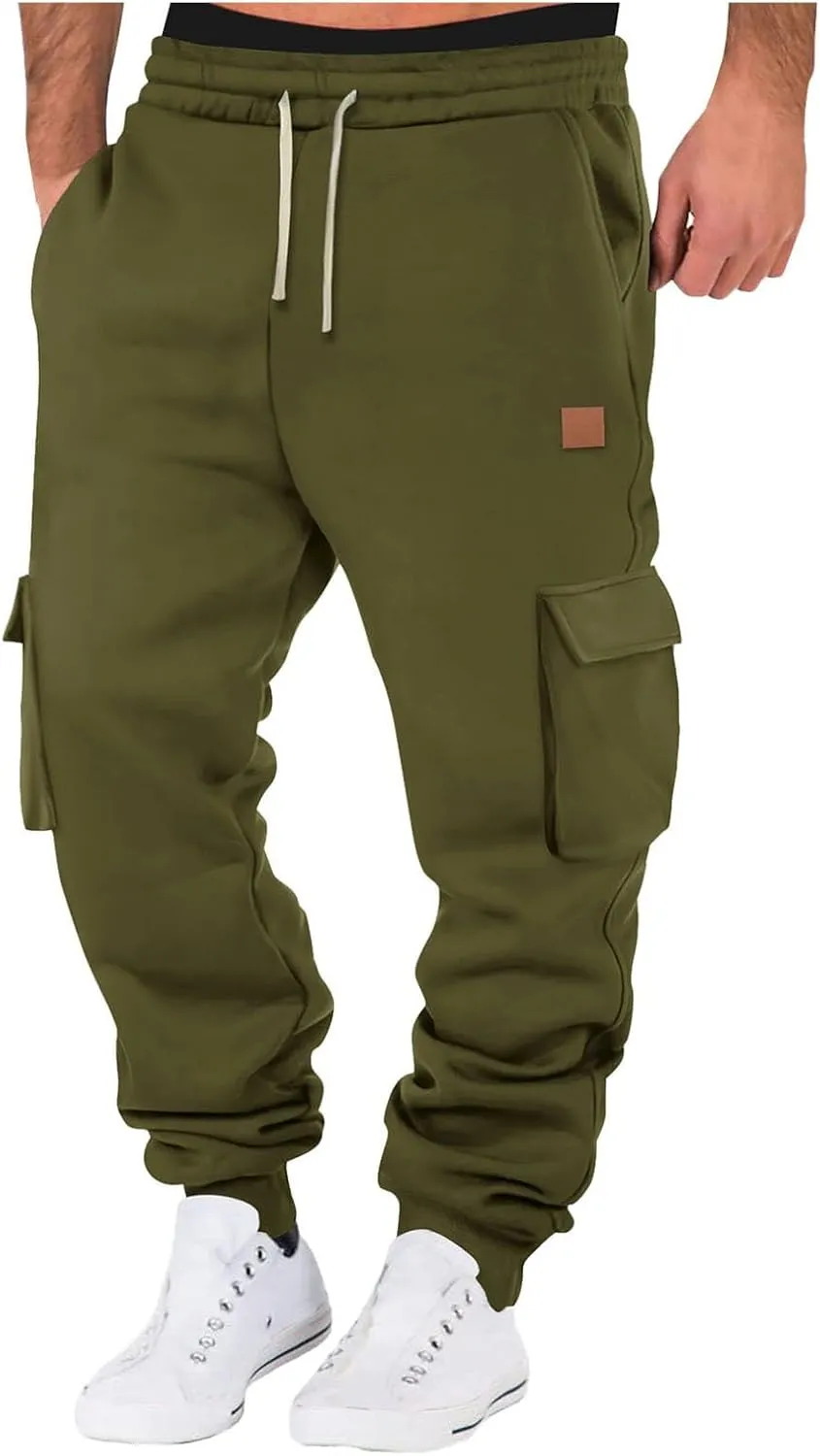 Men's Heavyweight Fleece Cargo Sweatpants Jogger Sweat Pants Elastic Waist Drawstring Joggers Trousers with Pockets
