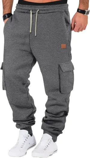 Men's Heavyweight Fleece Cargo Sweatpants Jogger Sweat Pants Elastic Waist Drawstring Joggers Trousers with Pockets