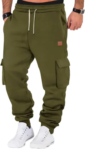 Men's Heavyweight Fleece Cargo Sweatpants Jogger Sweat Pants Elastic Waist Drawstring Joggers Trousers with Pockets