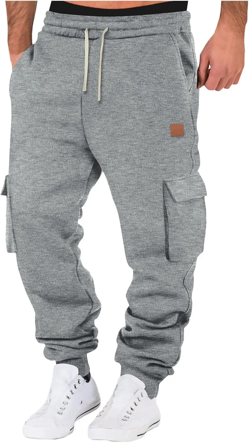 Men's Heavyweight Fleece Cargo Sweatpants Jogger Sweat Pants Elastic Waist Drawstring Joggers Trousers with Pockets