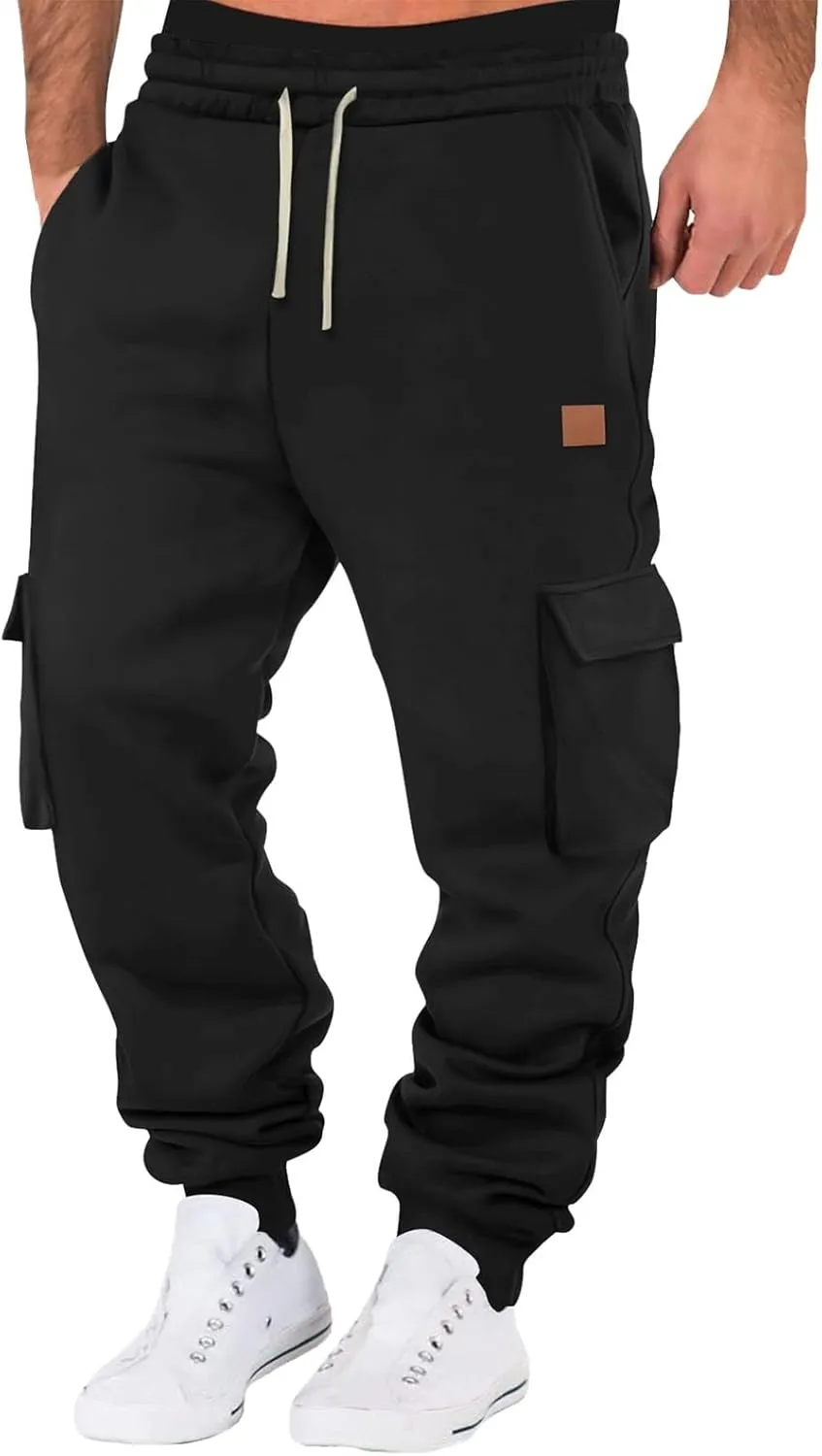 Men's Heavyweight Fleece Cargo Sweatpants Jogger Sweat Pants Elastic Waist Drawstring Joggers Trousers with Pockets