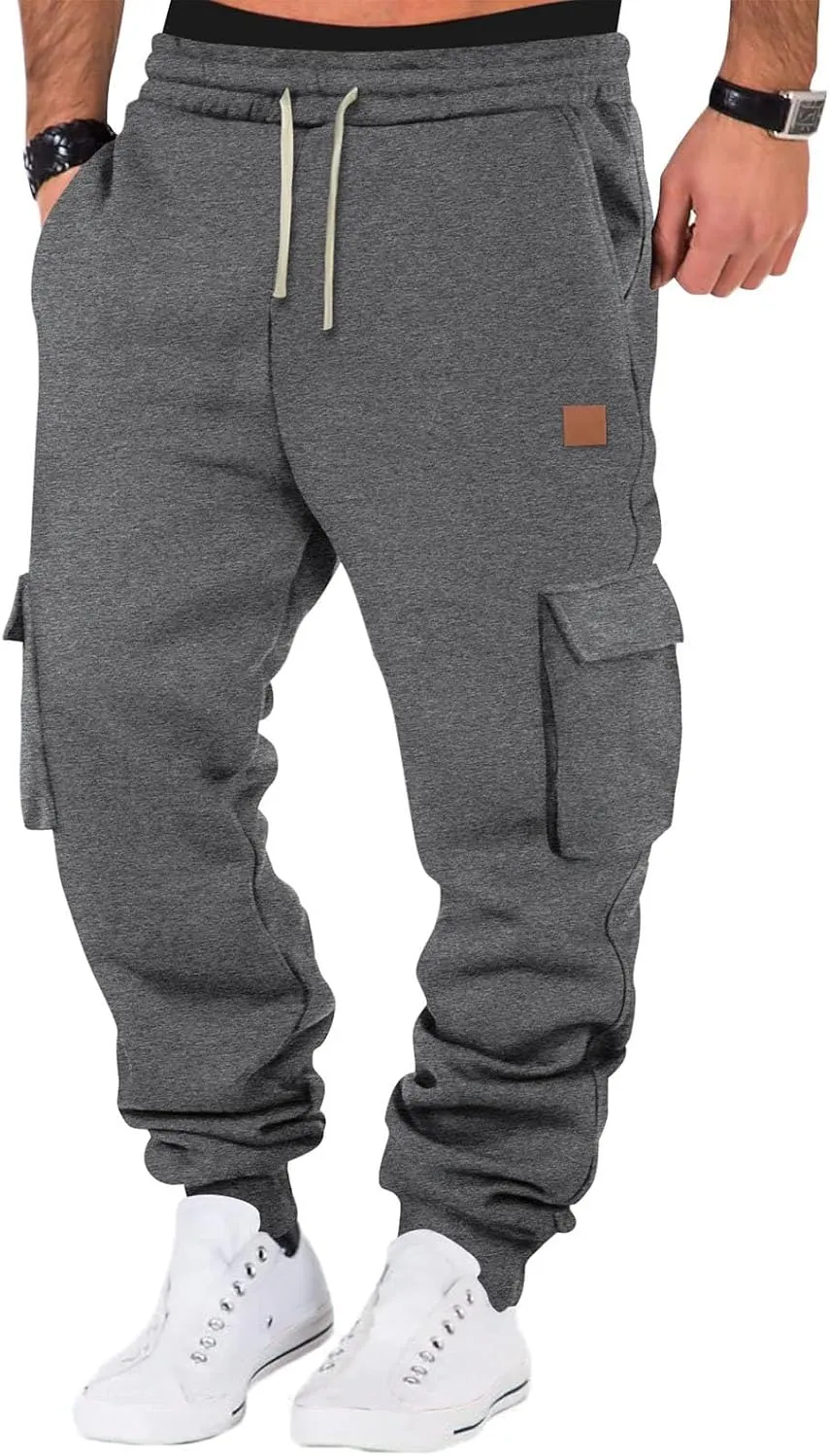 Men's Heavyweight Fleece Cargo Sweatpants Jogger Sweat Pants Elastic Waist Drawstring Joggers Trousers with Pockets
