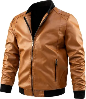 Men's Leather Bomber Jacket - Lightweight Leather Jacket Motorcycle Faux Leather Jacket Zip-Up Slim Fit Biker Coat