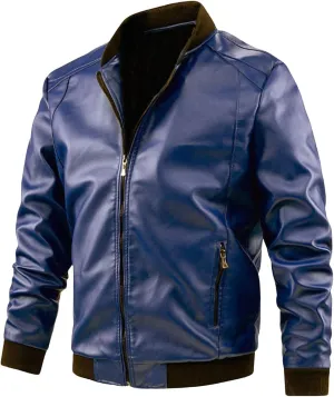 Men's Leather Bomber Jacket - Lightweight Leather Jacket Motorcycle Faux Leather Jacket Zip-Up Slim Fit Biker Coat