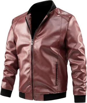 Men's Leather Bomber Jacket - Lightweight Leather Jacket Motorcycle Faux Leather Jacket Zip-Up Slim Fit Biker Coat
