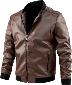 Men's Leather Bomber Jacket - Lightweight Leather Jacket Motorcycle Faux Leather Jacket Zip-Up Slim Fit Biker Coat