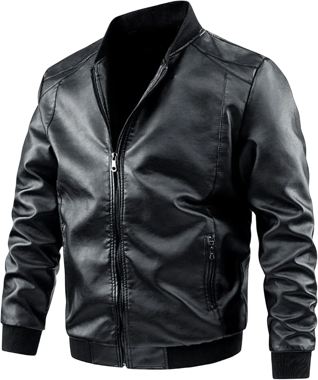 Men's Leather Bomber Jacket - Lightweight Leather Jacket Motorcycle Faux Leather Jacket Zip-Up Slim Fit Biker Coat