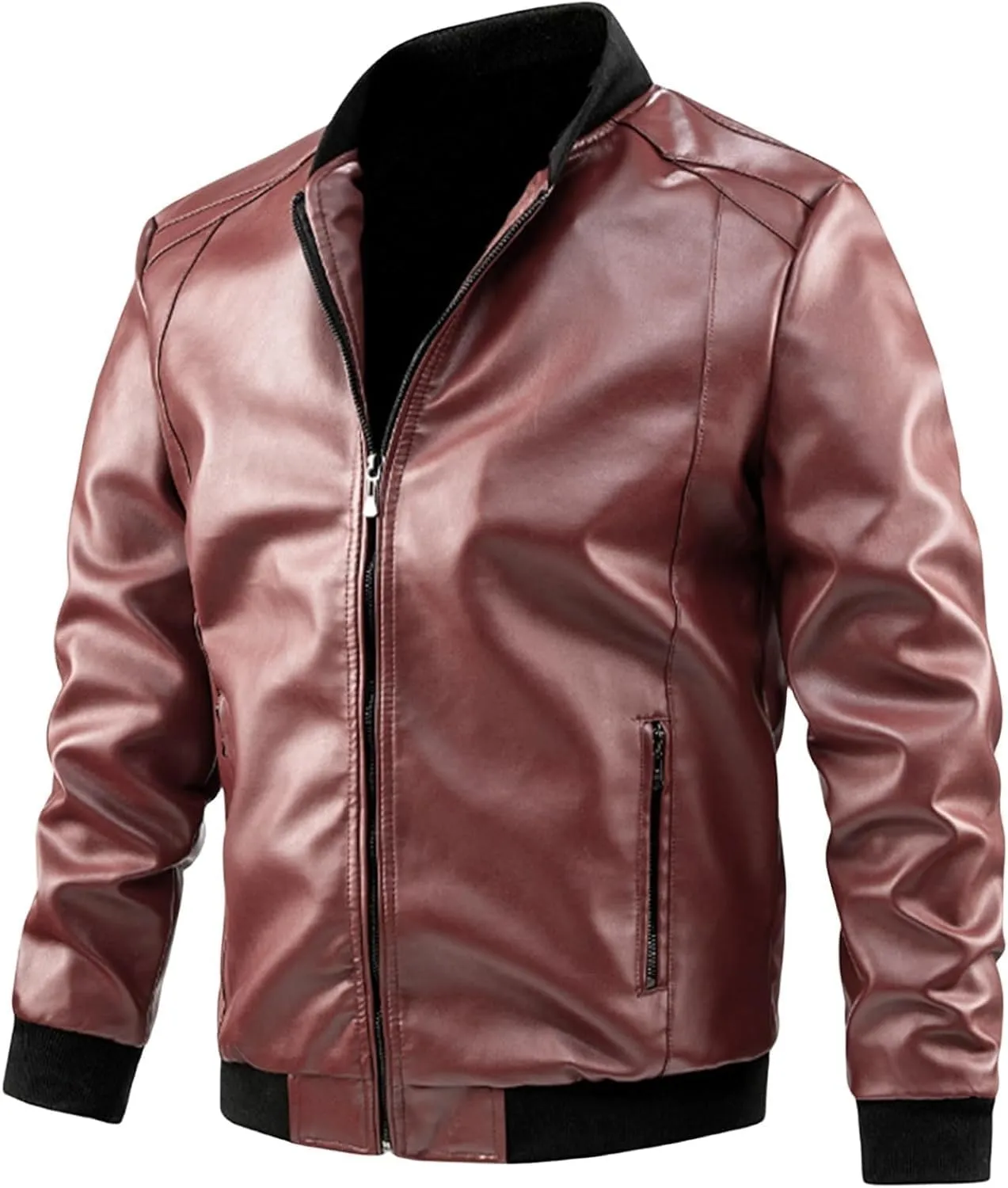 Men's Leather Bomber Jacket - Lightweight Leather Jacket Motorcycle Faux Leather Jacket Zip-Up Slim Fit Biker Coat