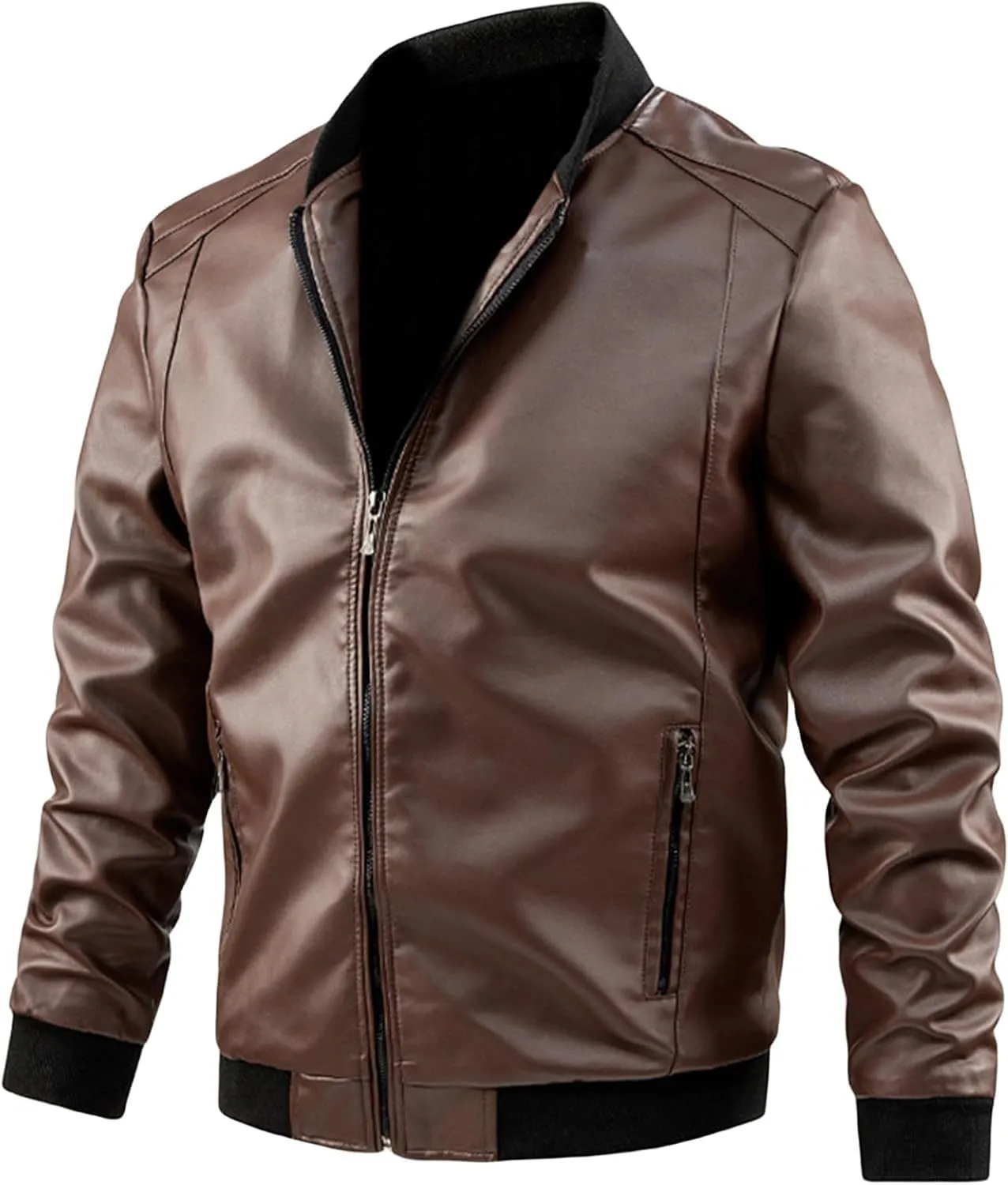 Men's Leather Bomber Jacket - Lightweight Leather Jacket Motorcycle Faux Leather Jacket Zip-Up Slim Fit Biker Coat
