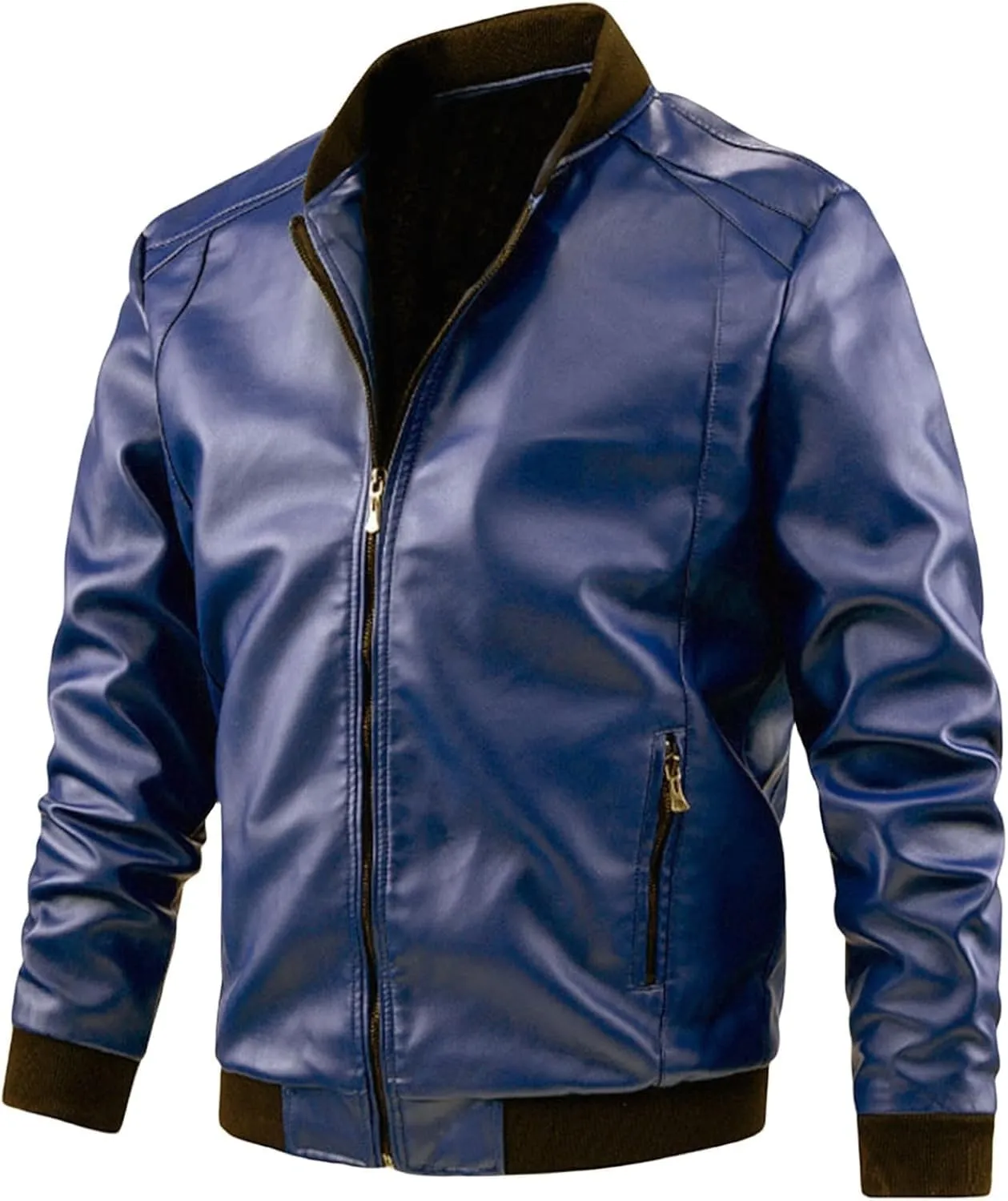Men's Leather Bomber Jacket - Lightweight Leather Jacket Motorcycle Faux Leather Jacket Zip-Up Slim Fit Biker Coat