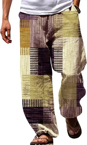 Mens Linen Beach Pants Big and Tall Casual Vacation Print Pants Loose Fit Straight-Legs Lightweight Trousers Streetwear