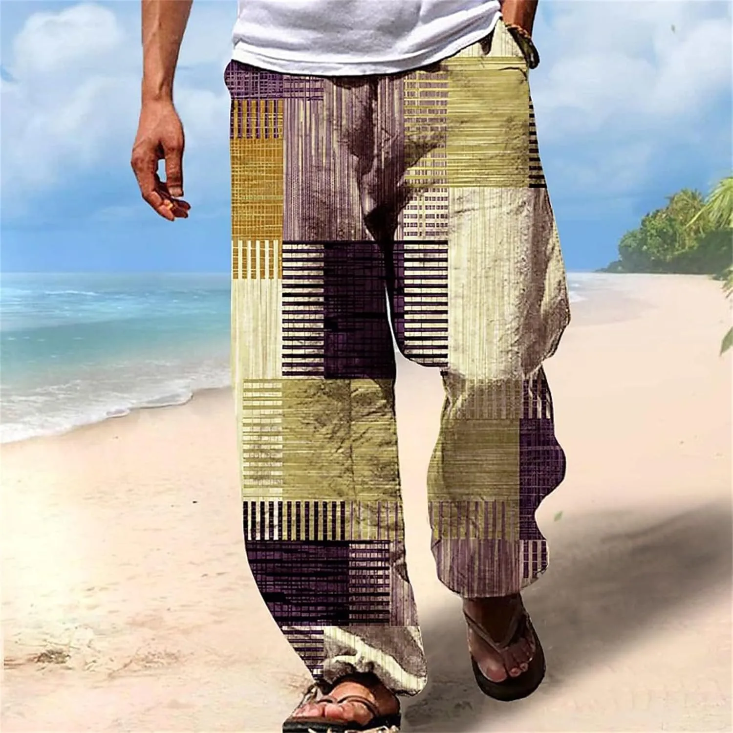 Mens Linen Beach Pants Big and Tall Casual Vacation Print Pants Loose Fit Straight-Legs Lightweight Trousers Streetwear