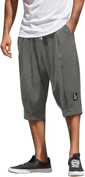 Men's Linen Cotton Capri Pants Loose Fit Elastic Waist Wide Leg Baggy Harem Pants Elastic Waist Casual Beach Yoga Trousers