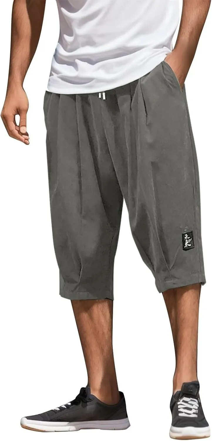 Men's Linen Cotton Capri Pants Loose Fit Elastic Waist Wide Leg Baggy Harem Pants Elastic Waist Casual Beach Yoga Trousers