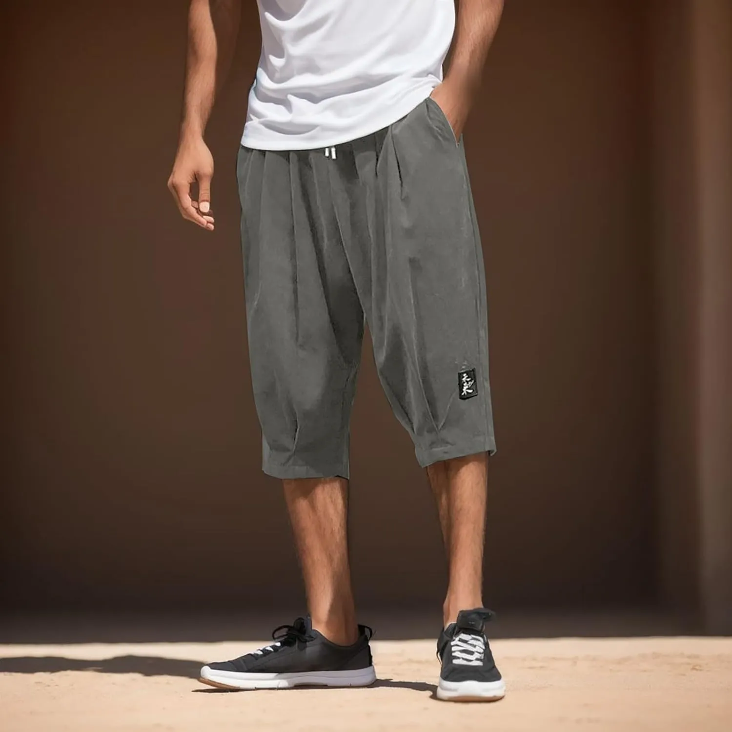 Men's Linen Cotton Capri Pants Loose Fit Elastic Waist Wide Leg Baggy Harem Pants Elastic Waist Casual Beach Yoga Trousers