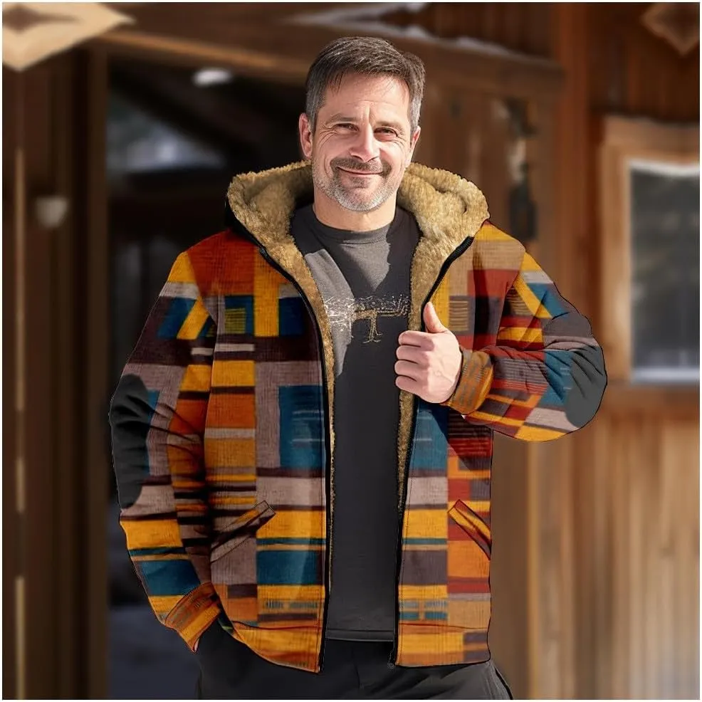 Men's Long Sleeve Dressy Casual Sweatshirt Thickened Fleece Button Jacket Zipper Print Double Insert Pocket Cotton Coat