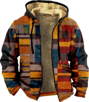 Men's Long Sleeve Dressy Casual Sweatshirt Thickened Fleece Button Jacket Zipper Print Double Insert Pocket Cotton Coat