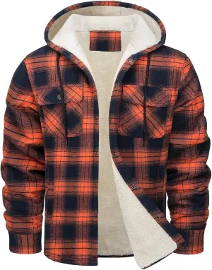 Men's Plaid Plus Velvet Jackets Fall Winter Fashion Hooded Coat Top Long Sleeve Button Thicker Warm Outerwear