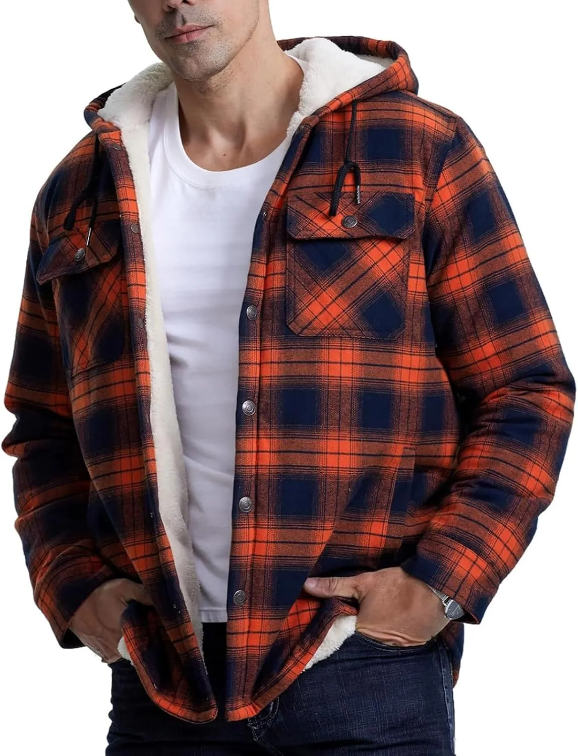 Men's Plaid Plus Velvet Jackets Fall Winter Fashion Hooded Coat Top Long Sleeve Button Thicker Warm Outerwear