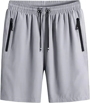 Men's Plus Size Ice Silk Stretch Shorts, Casual Beach Shorts, Quick Dry Sports Shorts with Zippered Pockets (Grey,L), Large