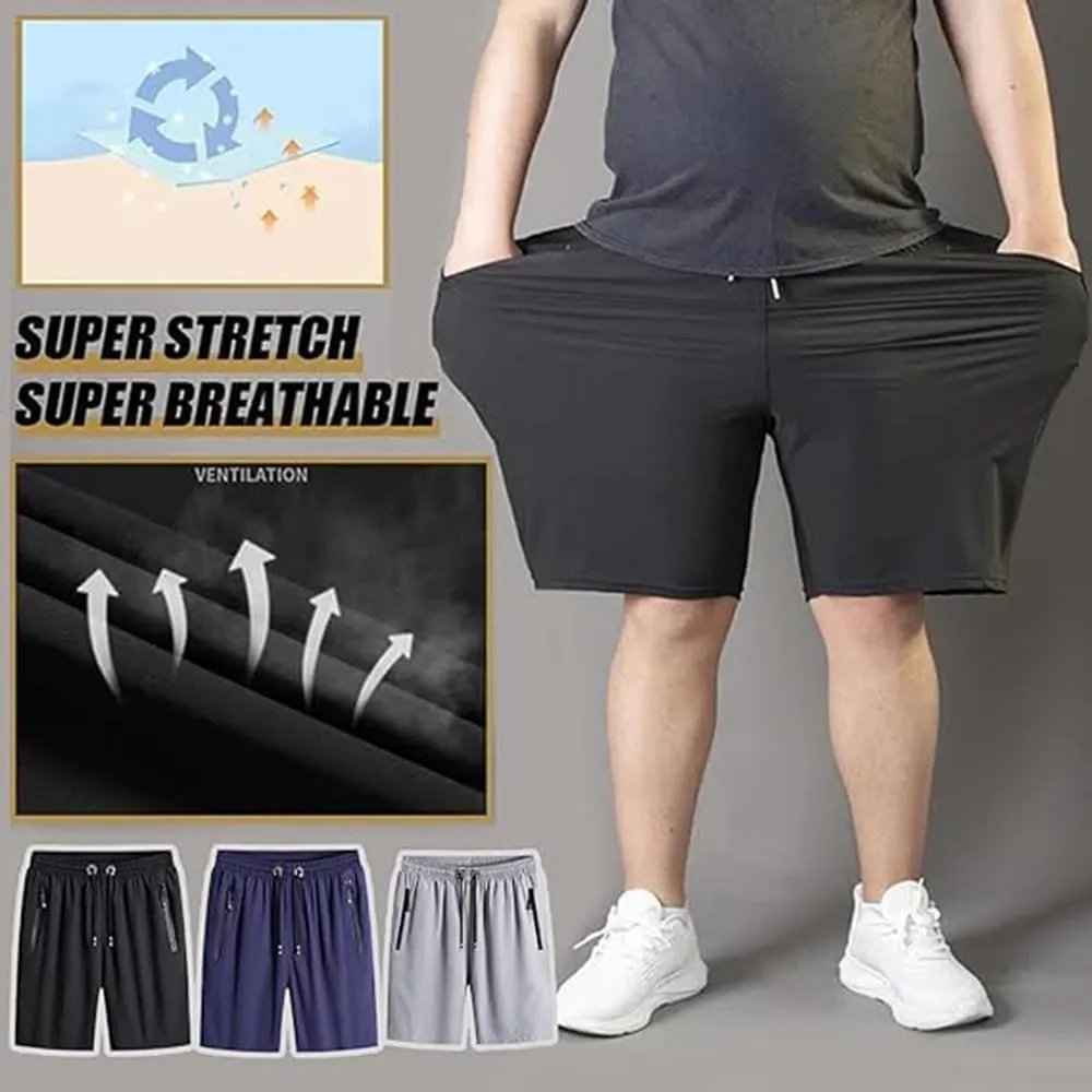 Men's Plus Size Ice Silk Stretch Shorts, Male Quick Dry Lightweight Gym Ice Silk Shorts，Cool Breathable Quick Dry Zip