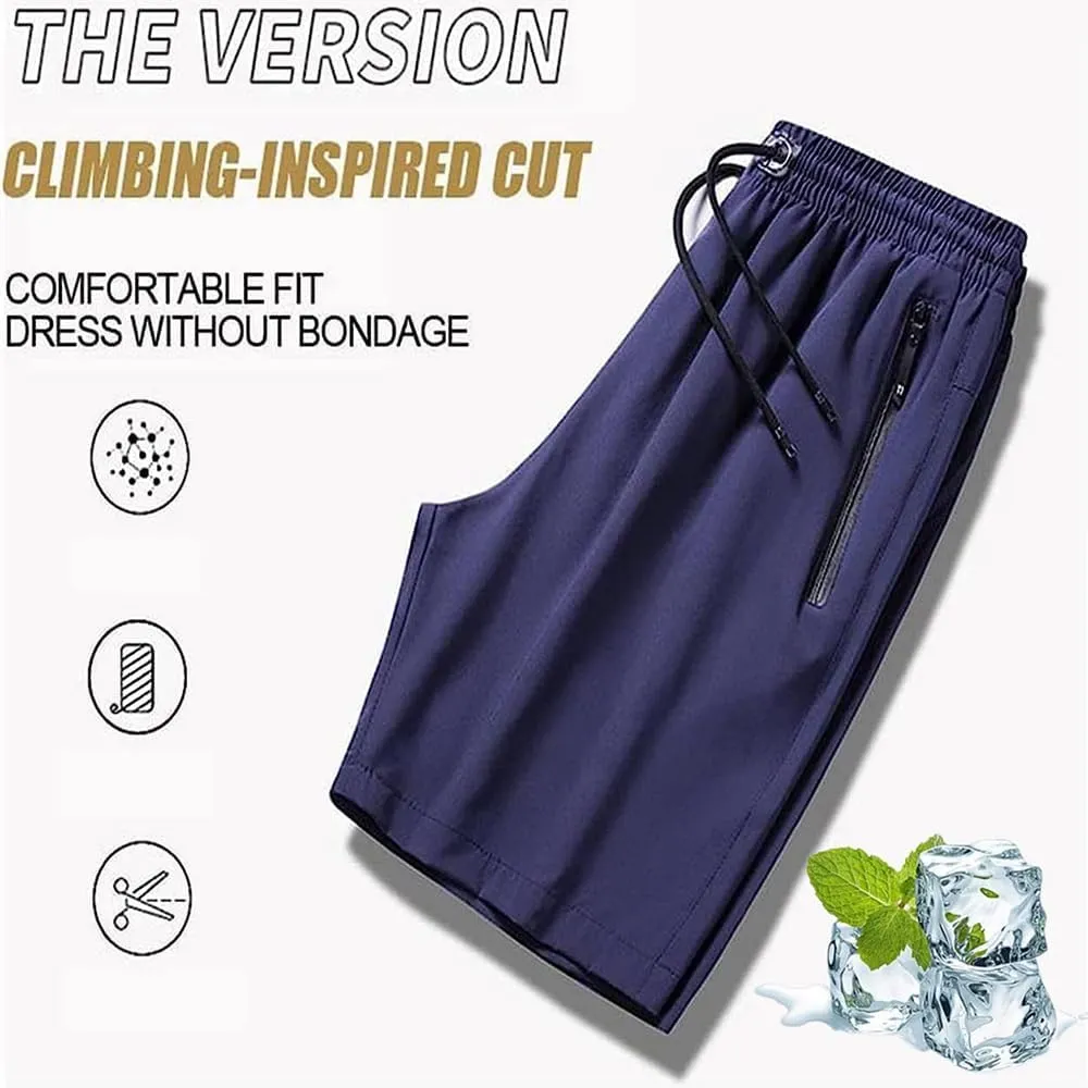 Men's Plus Size Ice Silk Stretch Shorts, Male Quick Dry Lightweight Gym Ice Silk Shorts，Cool Breathable Quick Dry Zip