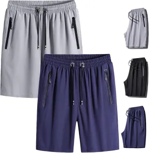Men's Plus Size Ice Silk Stretch Shorts, Male Quick Dry Lightweight Gym Ice Silk Shorts，Cool Breathable Quick Dry Zip