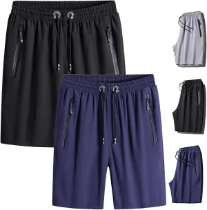 Men's Plus Size Ice Silk Stretch Shorts, Male Quick Dry Lightweight Gym Ice Silk Shorts，Cool Breathable Quick Dry Zip