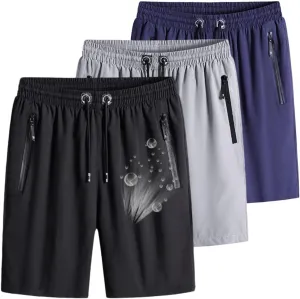 Men's Plus Size Ice Silk Stretch Shorts with Zippered Pockets, Quick Dry Workout Shorts Athletic Running Shorts