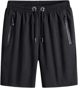Men's Plus Size Ice Silk Stretch Shorts with Zippered Pockets, Quick Dry Workout Shorts Athletic Running Shorts