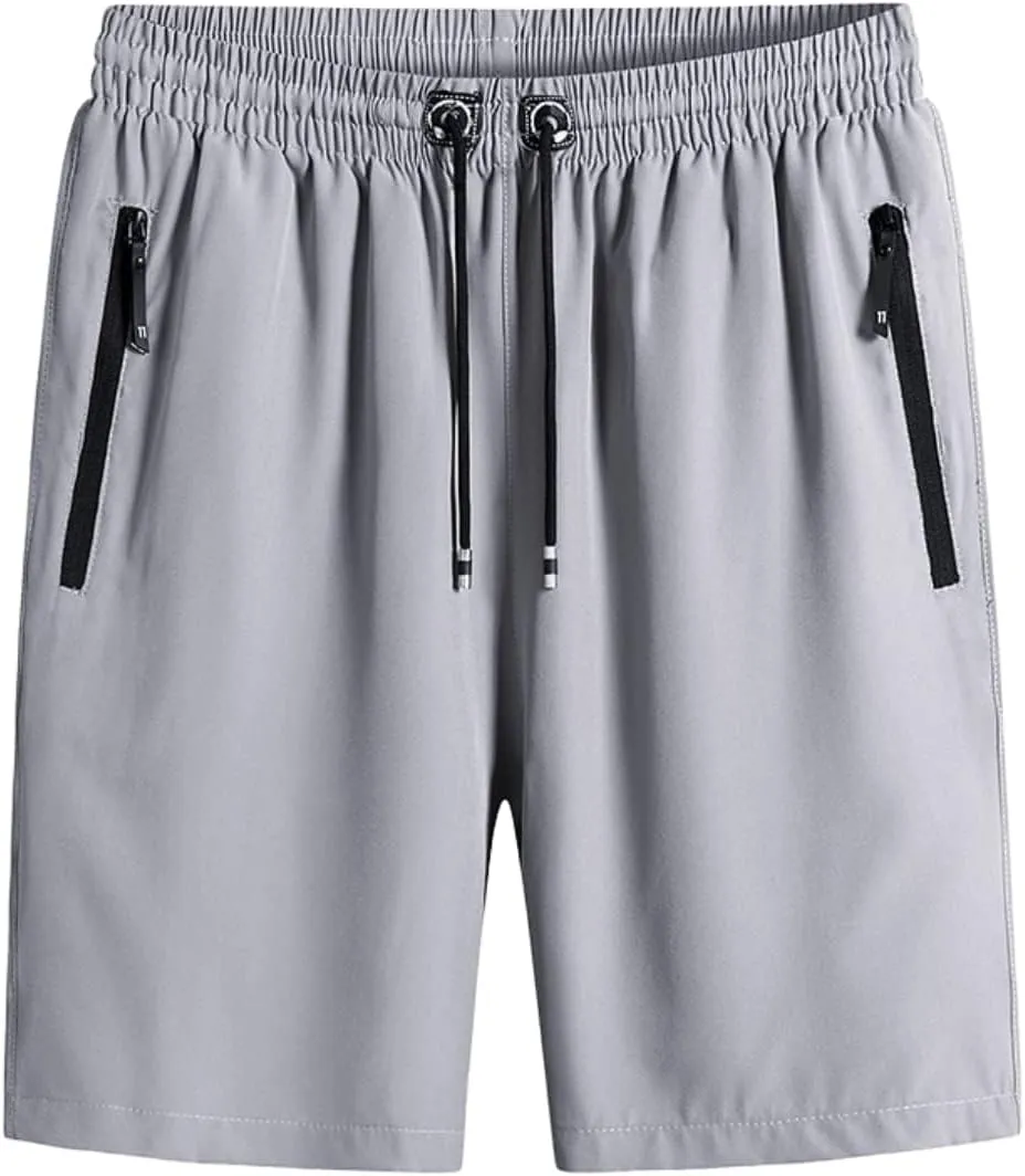 Men's Plus Size Ice Silk Stretch Shorts with Zippered Pockets, Quick Dry Workout Shorts Athletic Running Shorts