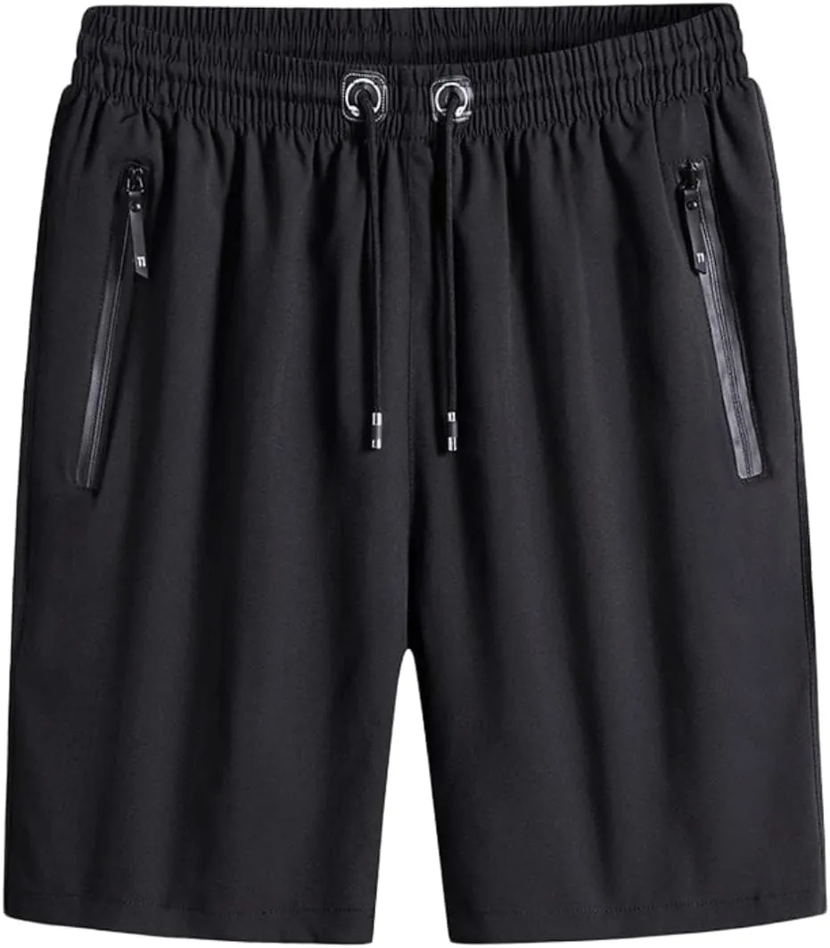 Men's Plus Size Ice Silk Stretch Shorts with Zippered Pockets, Quick Dry Workout Shorts Athletic Running Shorts