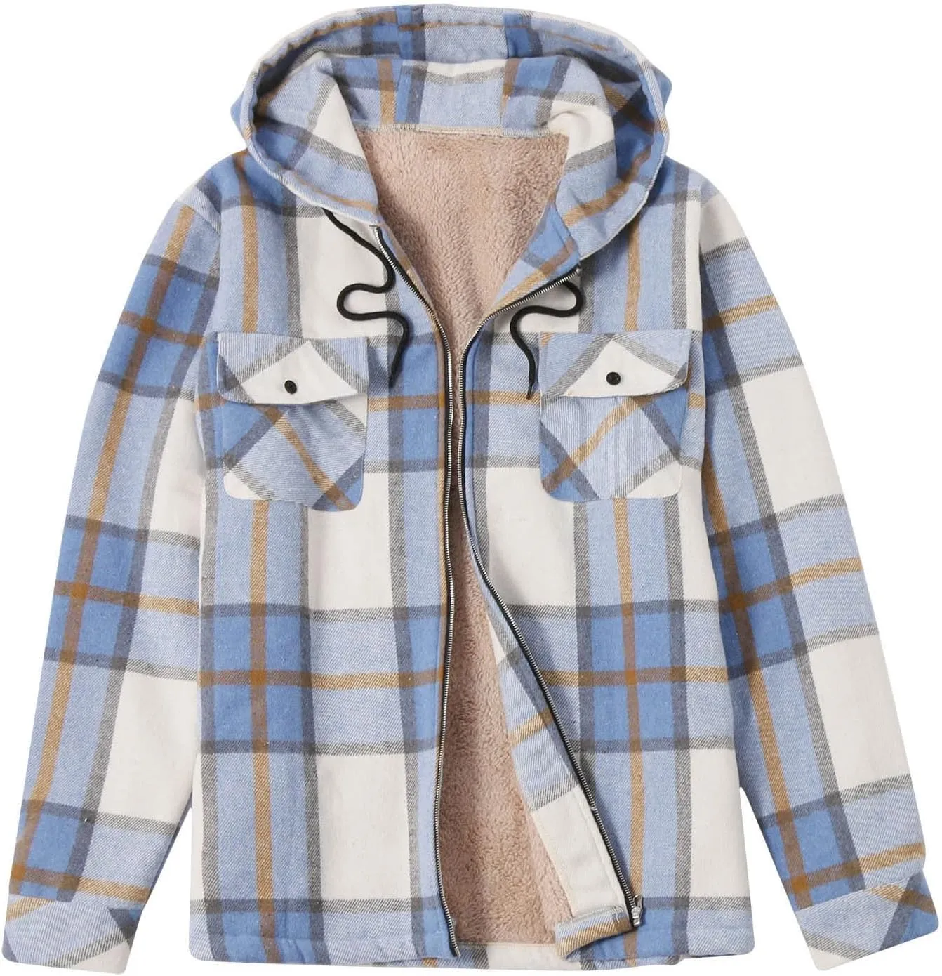 Men's Plush Jacket Hooded Long Sleeve Zipper Plaid Outerwear Casual Fall Winter Warm Jackets Coats with Pocket