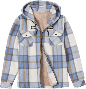 Men's Plush Jacket Hooded Long Sleeve Zipper Plaid Outerwear Casual Fall Winter Warm Jackets Coats with Pocket