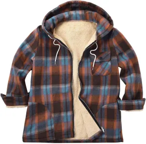 Men's Plush Jacket Hooded Long Sleeve Zipper Plaid Outerwear Casual Fall Winter Warm Jackets Coats with Pocket