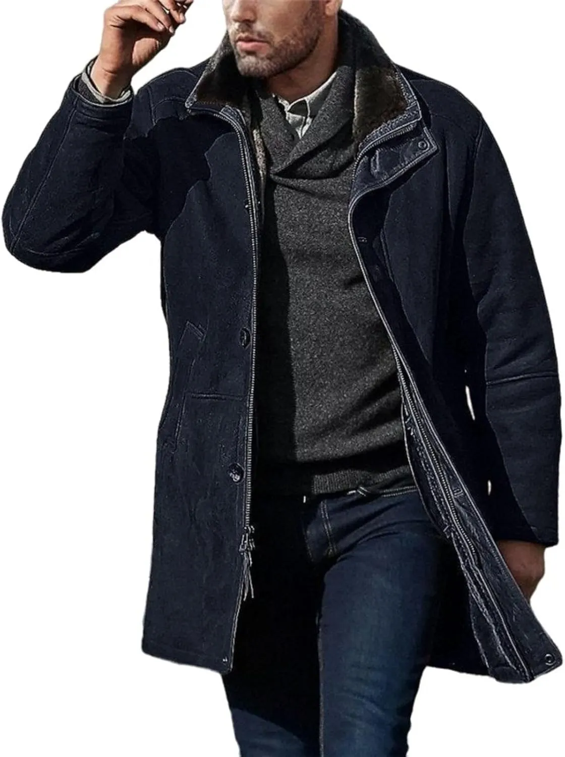 Men's Sherpa Lined Long Jacket Button Zip Up Faux Suede Leather Thermal Coat Warm Winter Sheepskin Fleece Lined Coats