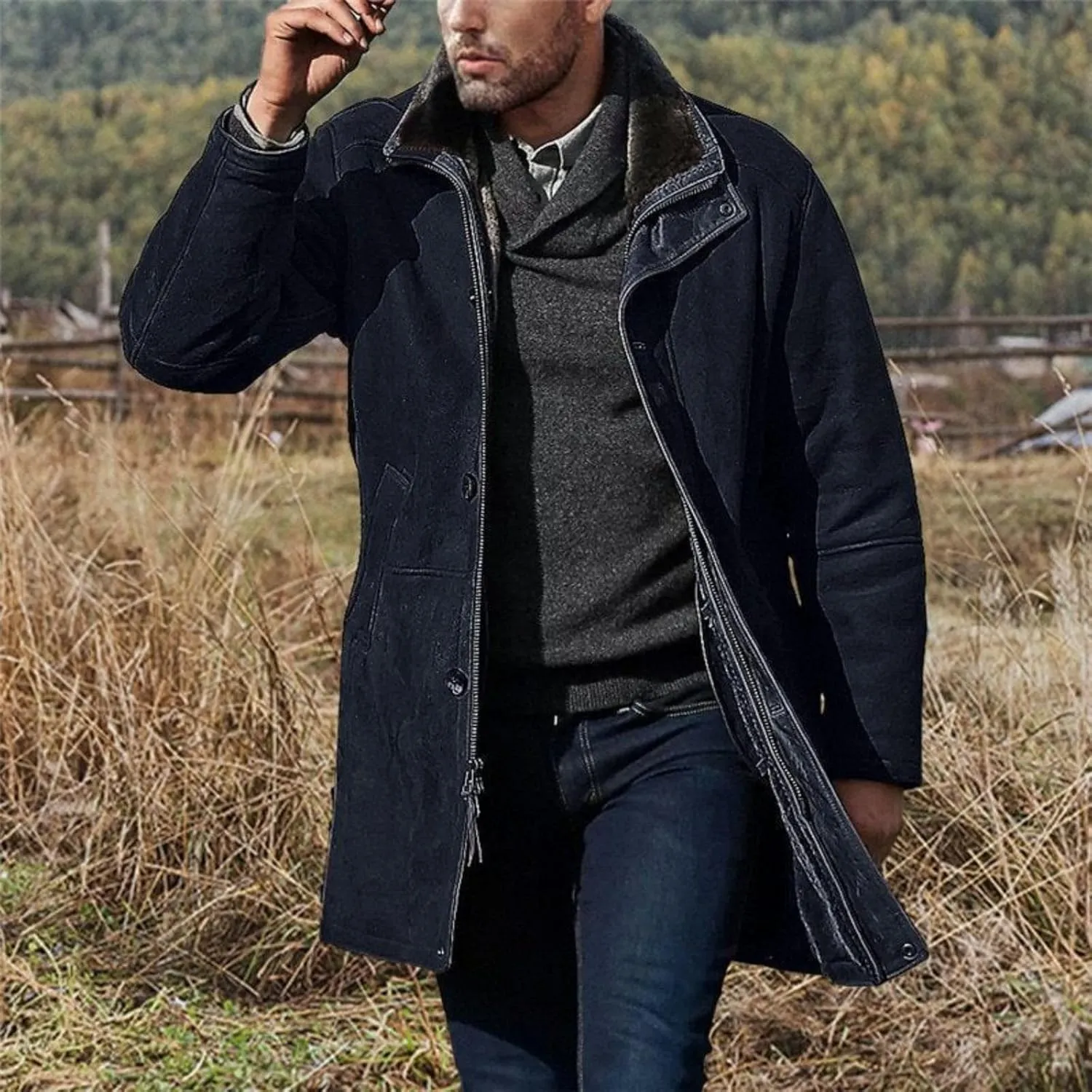 Men's Sherpa Lined Long Jacket Button Zip Up Faux Suede Leather Thermal Coat Warm Winter Sheepskin Fleece Lined Coats
