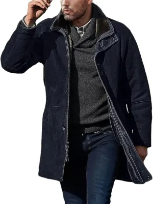 Men's Sherpa Lined Long Jacket Button Zip Up Faux Suede Leather Thermal Coat Warm Winter Sheepskin Fleece Lined Coats