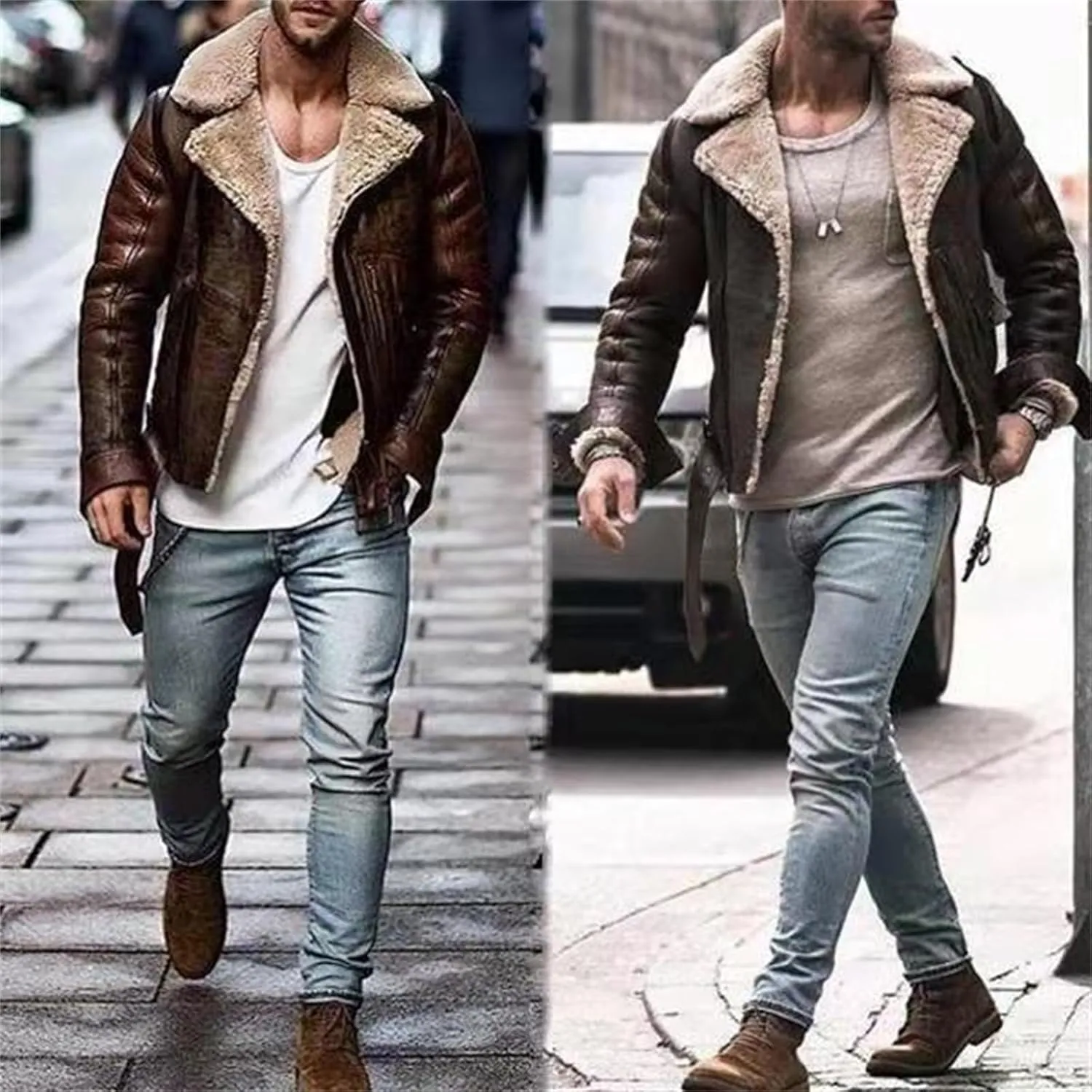 Men's Sherpa Lined Trucker Jackets Winter Warm Faux Leather Motorcycle Jacket Heavyweight Thick Fleece Jacket for Men