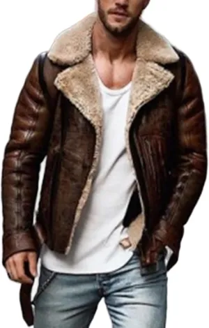 Men's Sherpa Lined Trucker Jackets Winter Warm Faux Leather Motorcycle Jacket Heavyweight Thick Fleece Jacket for Men