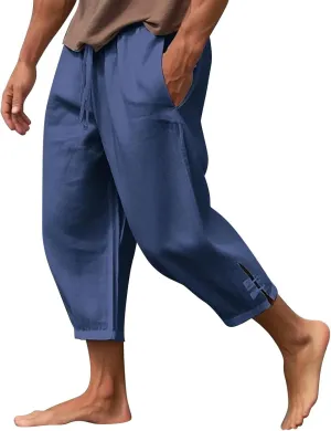 Mens Summer Capri Pants Cotton & Linen Cargo Hiking Casual Loose Cropped Pants Summer Lightweight Quick Drying Trousers 2024