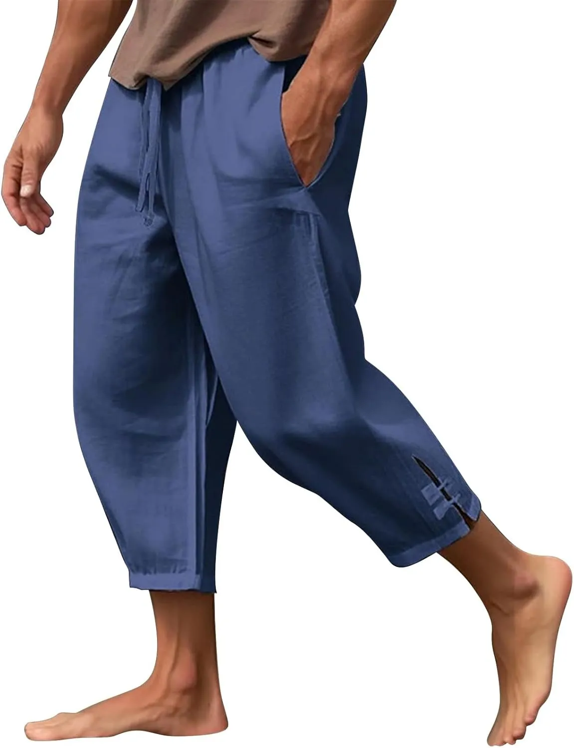 Mens Summer Capri Pants Cotton & Linen Cargo Hiking Casual Loose Cropped Pants Summer Lightweight Quick Drying Trousers 2024