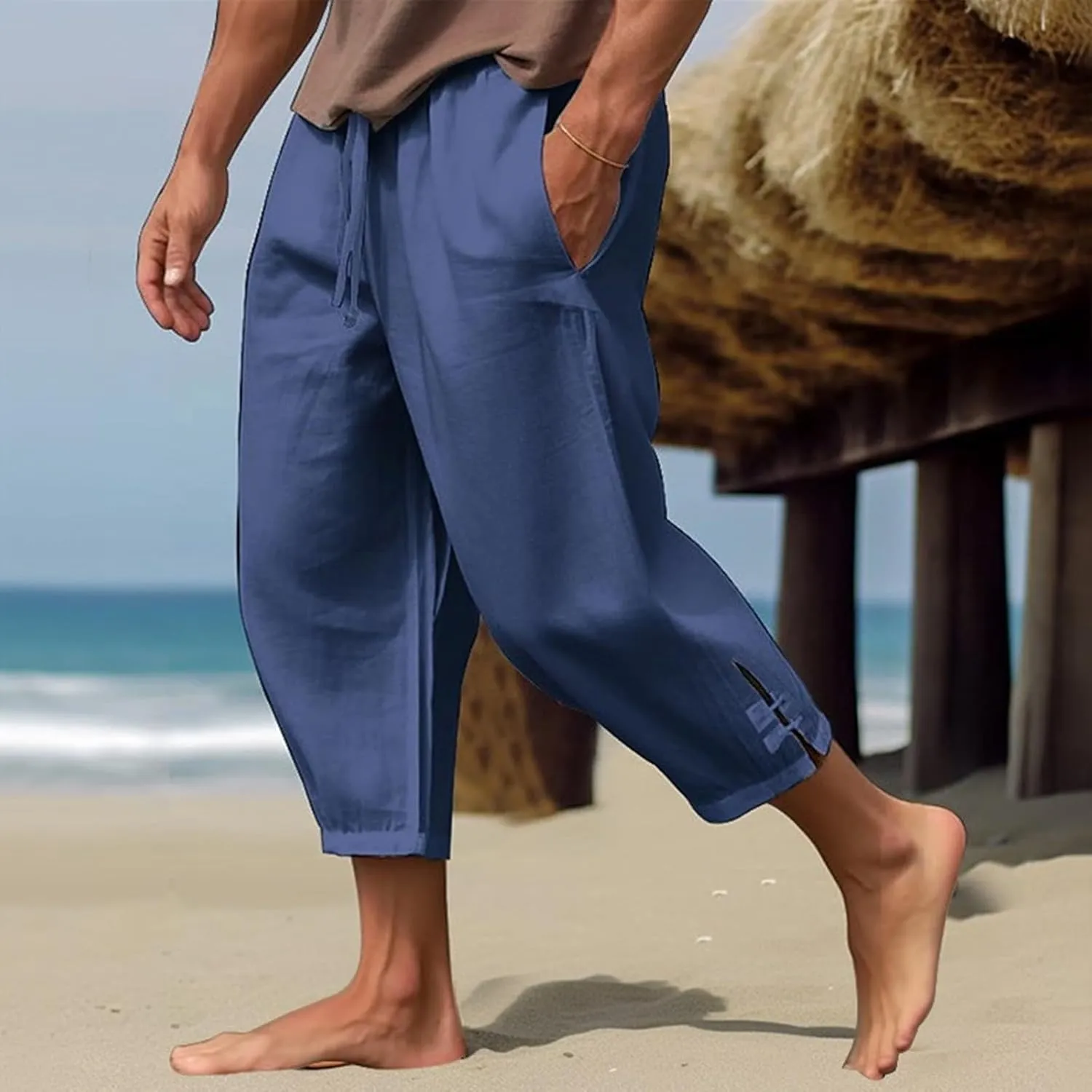 Mens Summer Capri Pants Cotton & Linen Cargo Hiking Casual Loose Cropped Pants Summer Lightweight Quick Drying Trousers 2024