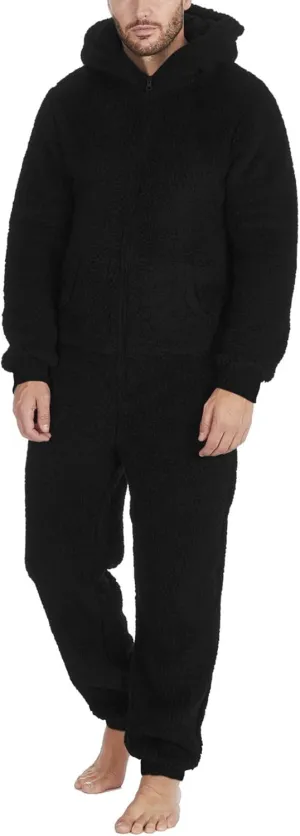 Mens Thermal Sherpa Fleece Onesies Pajamas Long Sleeve Zipper Jumpsuits with Hoodie Plain Fluffy Hooded Sleepwear