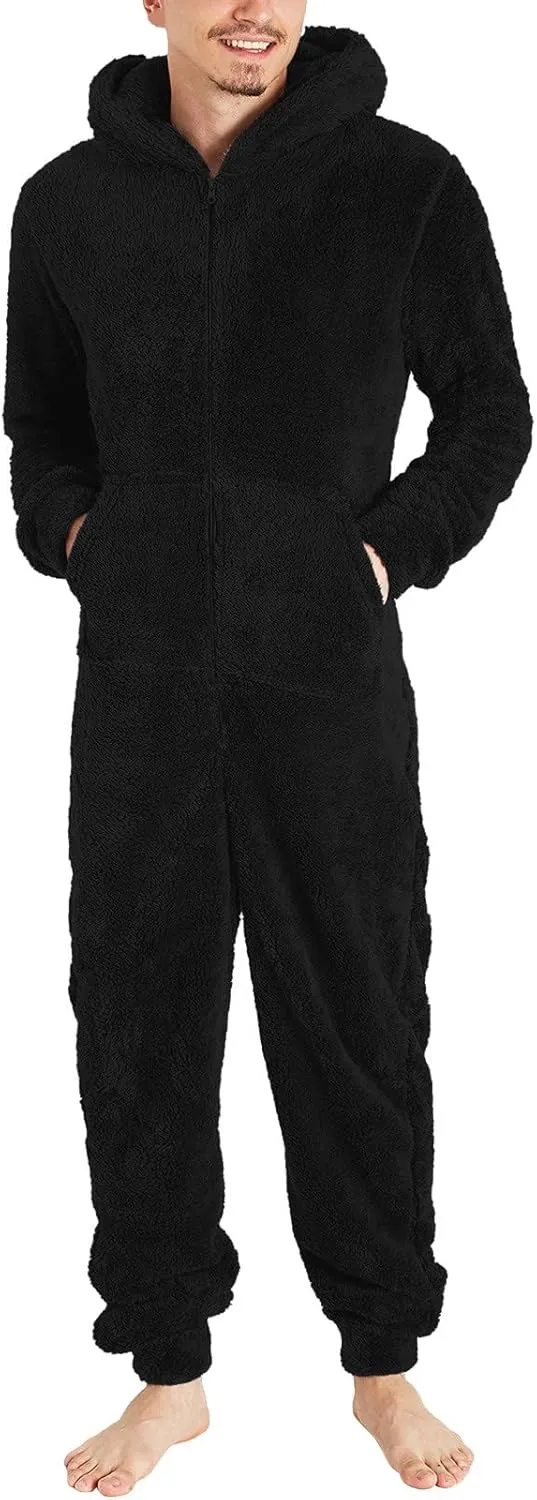 Mens Thermal Sherpa Fleece Onesies Pajamas Long Sleeve Zipper Jumpsuits with Hoodie Plain Fluffy Hooded Sleepwear