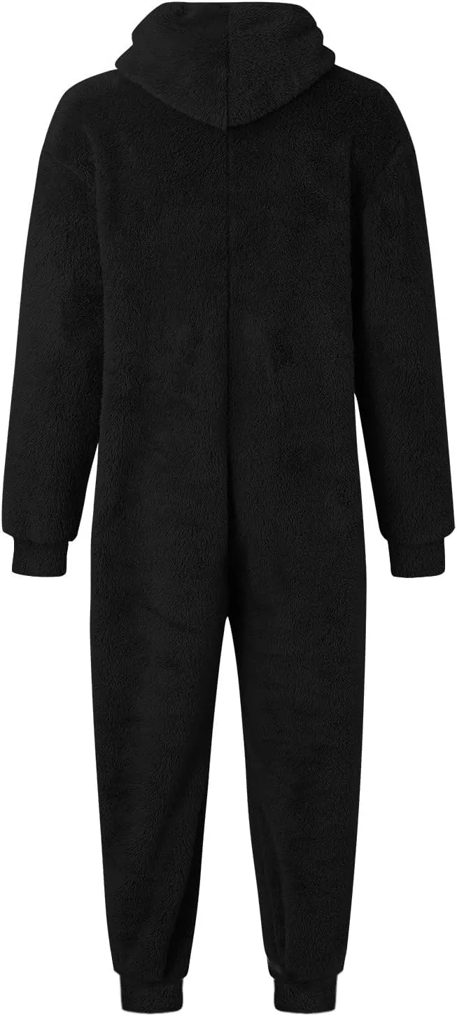 Mens Thermal Sherpa Fleece Onesies Pajamas Long Sleeve Zipper Jumpsuits with Hoodie Plain Fluffy Hooded Sleepwear