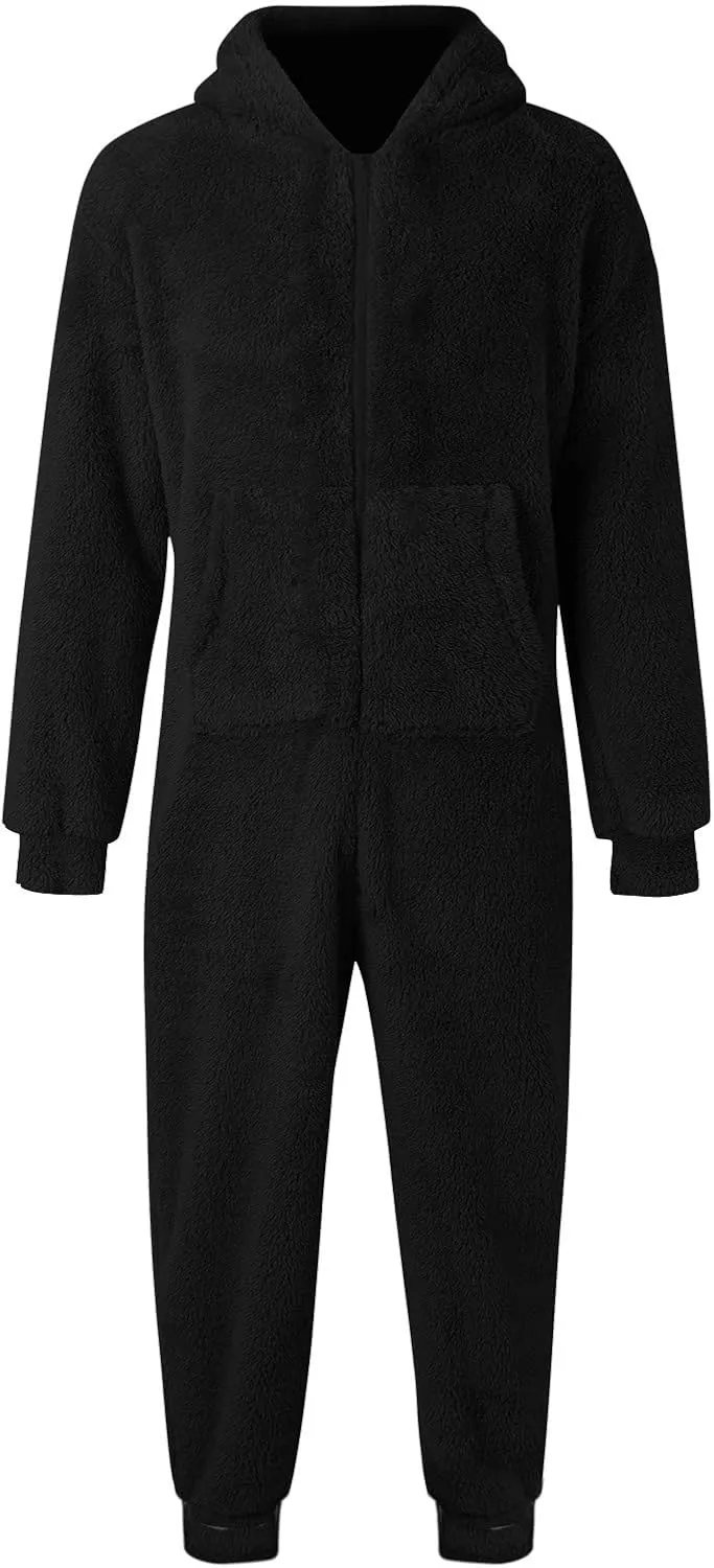 Mens Thermal Sherpa Fleece Onesies Pajamas Long Sleeve Zipper Jumpsuits with Hoodie Plain Fluffy Hooded Sleepwear