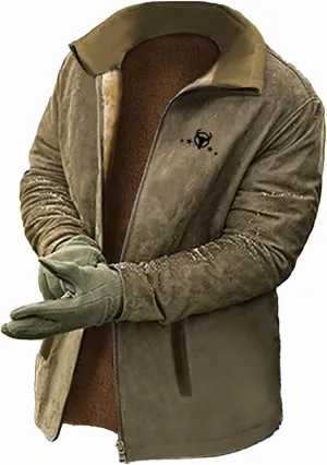 Mens Vintage Suede Jacket Plush Collar Coats Faux Leather Warm Jacket Men Zip Up Motorcycle Jacket Coats Retro Tops