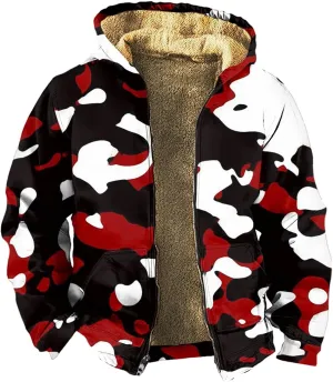 Mens Winter Camo Jacket Thickened Vintage Fashion Casual Padded Graphic Long Sleeve Warm Camo Coats